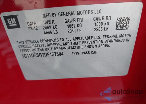 2013 Chevrolet Malibu Eco z USA, uszkodzony, nr VIN 1G11D5SR7DF157604